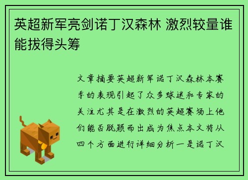 英超新军亮剑诺丁汉森林 激烈较量谁能拔得头筹