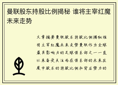曼联股东持股比例揭秘 谁将主宰红魔未来走势